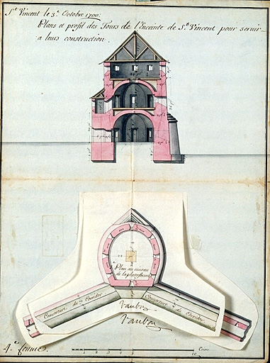 Projet des tours de l'enceinte, 1700. ; Plans et profil des tours de l'enceinte de St-Vincent pour servir à leur construction. 1700.