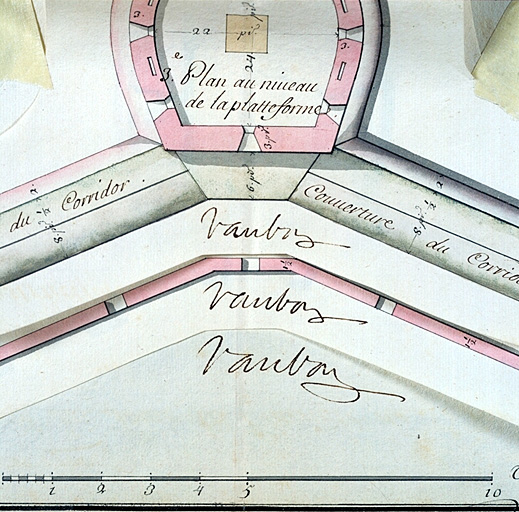 Plans et profil des tours de l'enceinte de St-Vincent pour servir à leur construction. 1700. Détail : signature de Vauban.