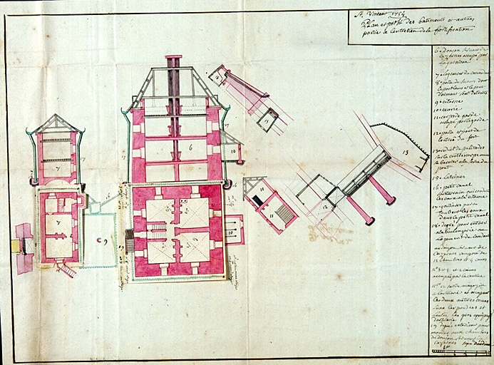 St-Vincent. Plan et profil des bâtiments et autres parties à l'entretien de la fortification. 1754.