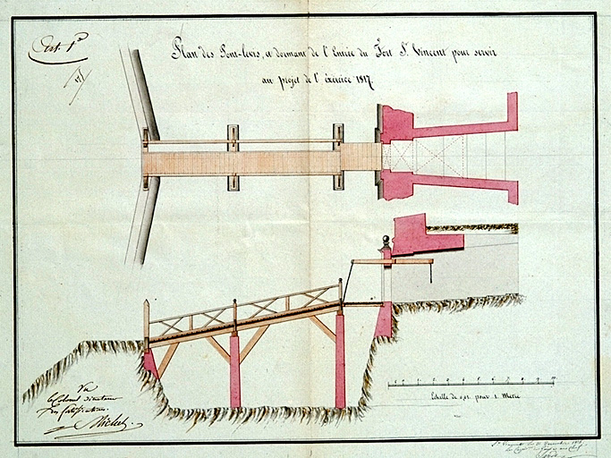 Plan des pont-levis et dormant de l'entrée du fort St-Vincent. 1817.