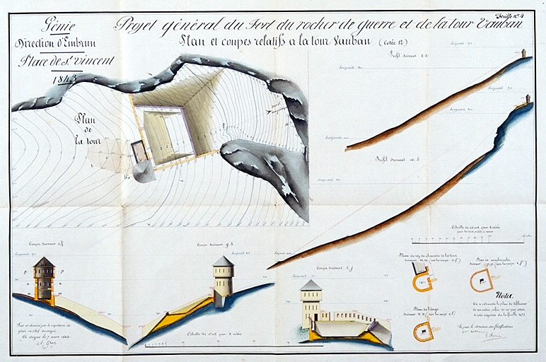 Projet général du fort du rocher de guerre et de la tour Vauban. Plan et coupe relatifs à la tour Vauban. 1843