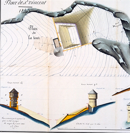 Projet général du fort du rocher de guerre et de la tour Vauban.  Plan et coupe relatifs à la tour Vauban.1843. Détails : plan, élévation, coupe.