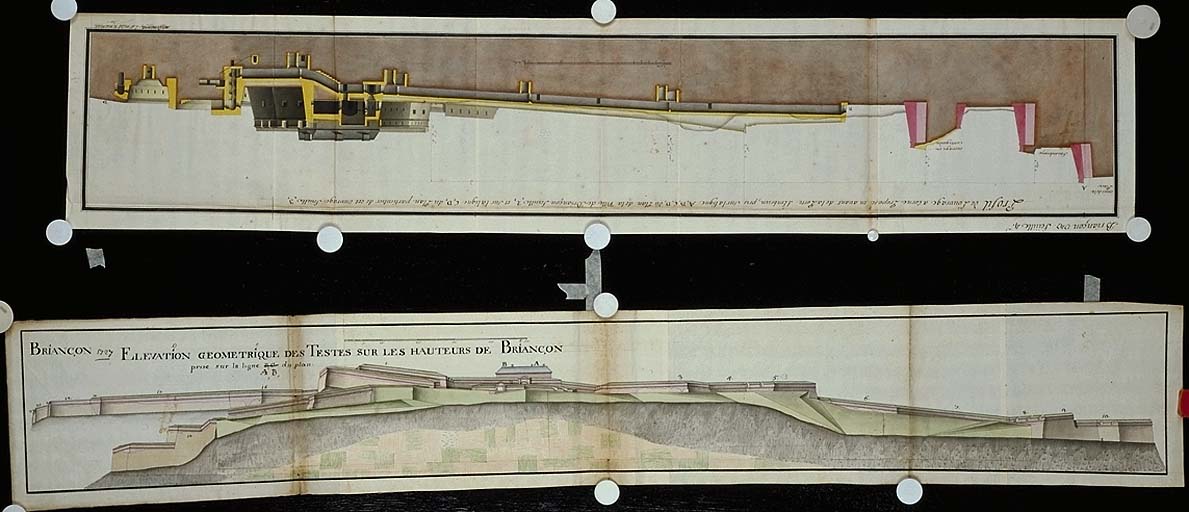 Elévation géométrique des Testes sur les hauteurs de Briançon. Profil de l'ouvrage à corne proposé en avant de la porte d'Embrun.