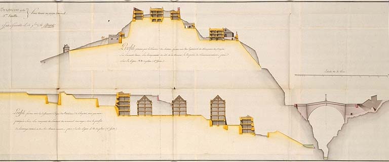 Briançon. Pour servir au projet général [coupe de la butte dans l'axe du pont d'Asfeld], 1751.