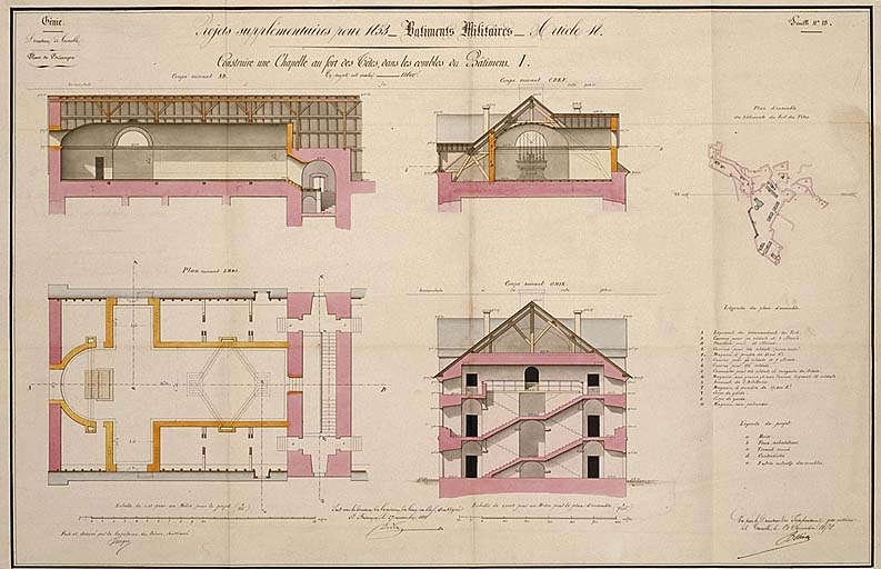 Projets supplémentaires pour 1853 : construire une chapelle au fort des Têtes, dans les combles du bâtiment I, 1852.