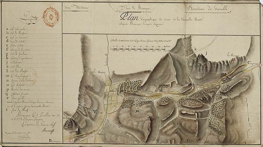 Plan géographique du tracé de la nouvelle route depuis Briançon jusqu'à Cézanne. An 12 (1804)