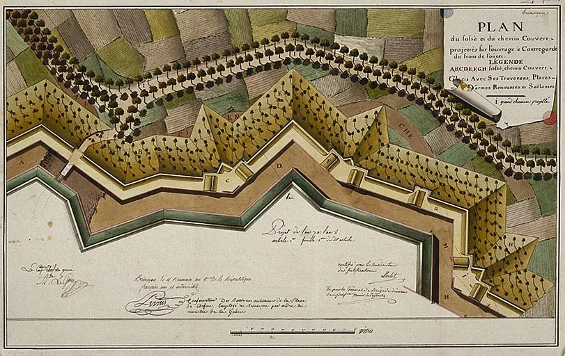 [fortification d'agglomération de Briançon, porte d'Embrun]. Briançon. Plan du fossé et du chemin couvert projetés sur l'ouvrage à contregarde du front de l'ouest. 1799 