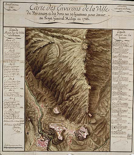 Carte des environs de la ville de Briançon et des forts sur ses hauteurs pour servir au projet général rédigé en 1783.