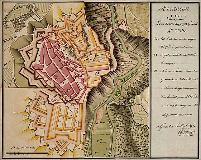 Briançon 1751. Pour servir au projet général. [Etat des lieux et projet d'extension de l'enceinte au sud-ouest.] 1751. Projet d'extension.