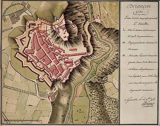 Briançon 1751. Pour servir au projet général. [Etat des lieux et projet d'extension de l'enceinte au sud-ouest.] 1751. Etat des lieux.