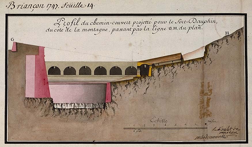 Profil du chemin couvert projeté pour le fort Dauphin, du côté de la montagne, 1747.