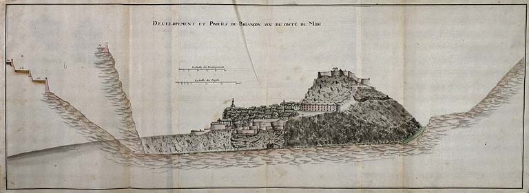 Développement et profils de Briançon veu du costé du Midi. 1695