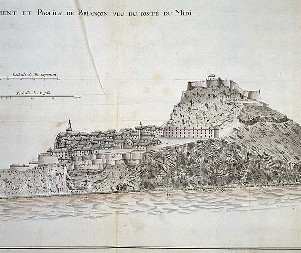 Développement et profils de Briançon veu du costé du Midi, 1695.