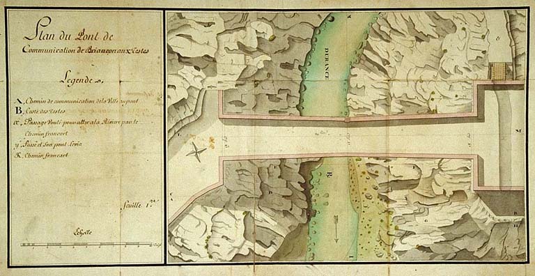 Plan du pont de communication de Briançon aux Testes, 1742.