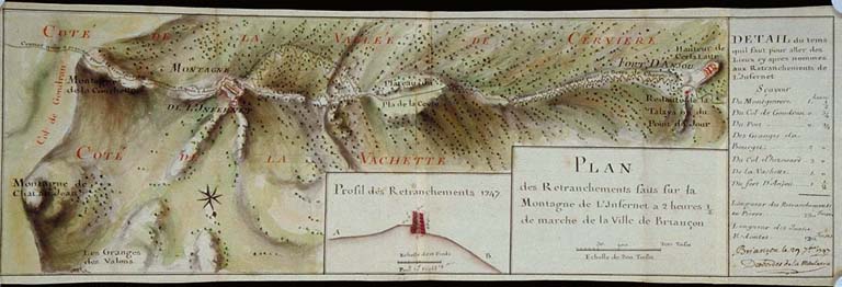 Plan des retranchements faits sur la montagne de l'Infernet à 2 heures 1/2 de marche de la ville de Briançon, 1747.