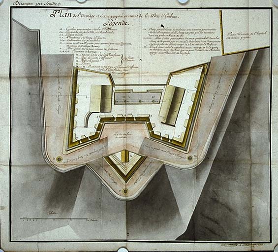 Plan de l'ouvrage à corne proposé en avant de la porte d'Embrun.  [Plan au niveau de la plateforme, plan des dessus.] 1747. Plan des dessus.