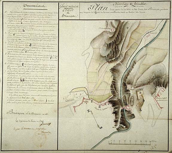 Plan d'une partie de la ville et des forts sur Briançon pour servir aux moyens de défense sur la route nouvellement tracée au Rochers des Murs, 1805