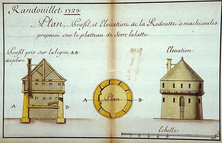 Randouillet, plan, profil et élévation de la redoute à mâchicoulis proposée sur le plateau de Serre la Latte. 1723