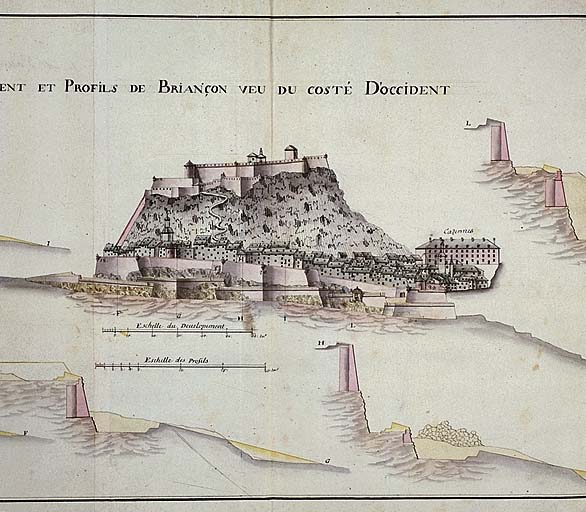 Développement et profils de Briançon veu du costé d'occident. 1695 ; Développement et profils de Briançon veu du costé d'Occident, 1695.