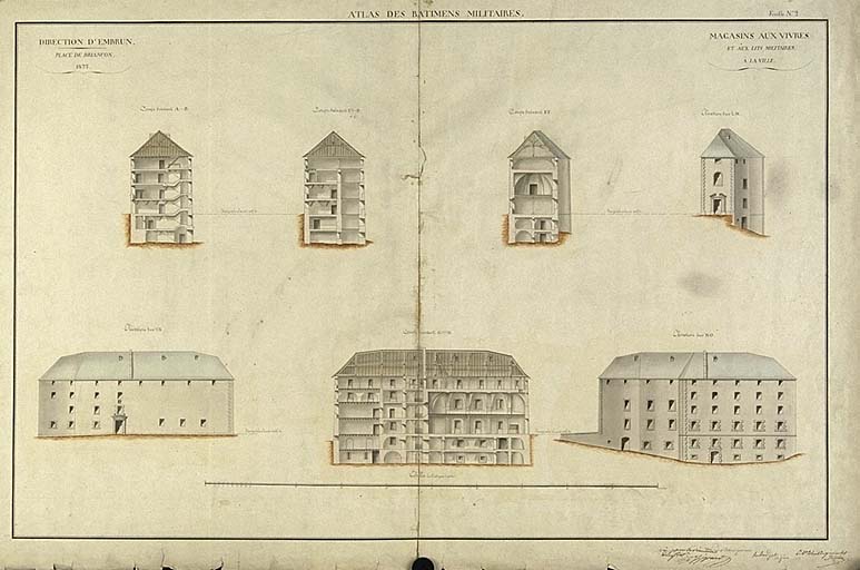 Magasin aux vivres et aux lits militaires à la ville. 1822. [Elévations]