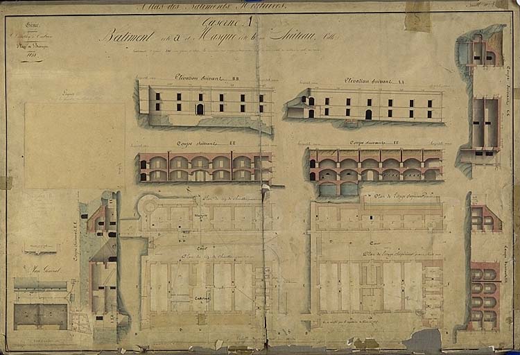 Atlas des bâtiments militaires. Place de Briançon. Bâtiment coté a et masque coté b au château (ville), 1851.