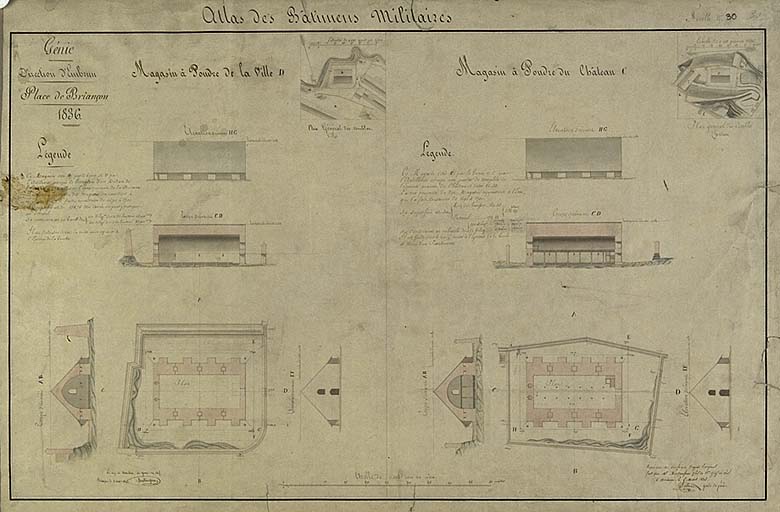 Briançon. Magasin à poudre de la ville. Magasin à poudre du château 1836 ; Briançon. Magasin à poudre de la ville. Magasin à poudre du château 1836.