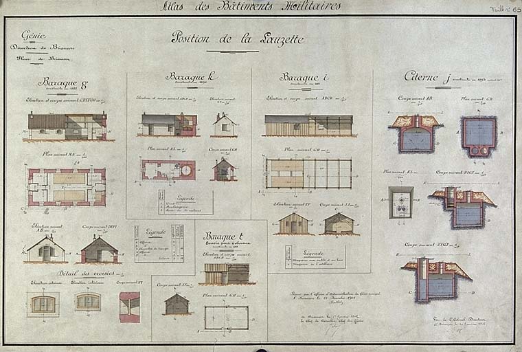 Position de la Lauzette. Baraques g. Baraque k. Baraque i. Baraque t. Citerne j. [Plans et coupes] 1901