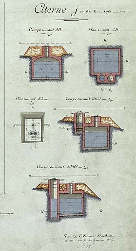 Position de la Lauzette. Baraques g. Baraque k. Baraque i. Baraque t. Citerne j. [Plans et coupes] 1901. Détail : Citerne j construite en 1893.