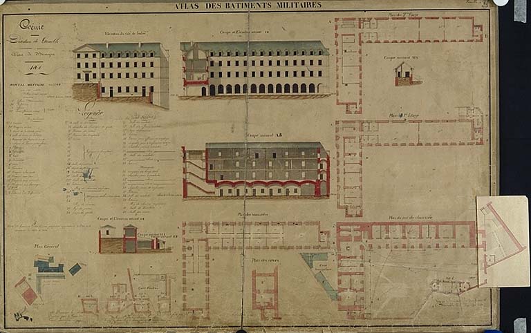 Hôpital militaire. Plans, coupes, élévations. 1866.