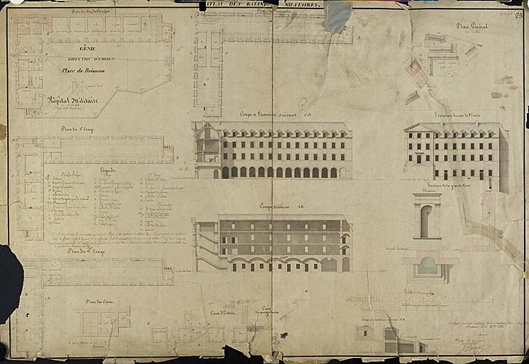 Hôpital militaire : plans, coupes, élévations. 1834.