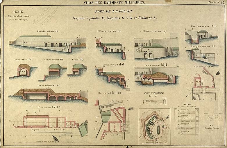 Atlas des bâtiments militaires. Fort de l'Infernet. Magasin à poudre E. Magasin G-K, 1880.