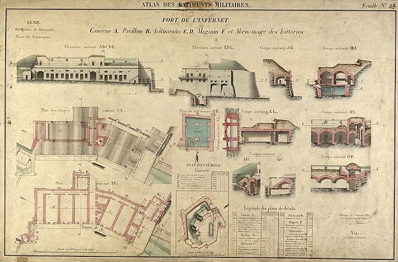 Atlas des bâtiments militaires. Fort de l'Infernet. Caserne A. Pavillon B, bâtiments C et D, 1880.