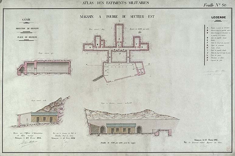 Atlas des bâtiments militaires. Place de Briançon. Magasin à poudre du secteur est. [fort de l'Infernet], 1902. Plan, élévations, coupe longitudinale.