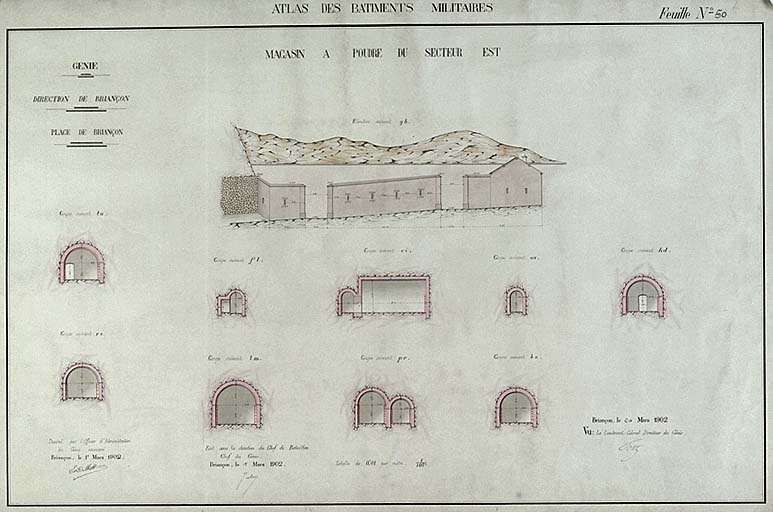 Atlas des bâtiments militaires. Place de Briançon. Magasin à poudre du secteur est. [fort de l'Infernet], 1902. Coupes transversales.