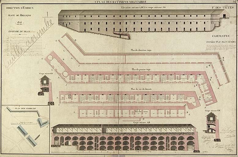 Atlas des bâtiments militaires. Fort des Têtes. Casemates 0. [Elévation, plan et coupe] 1826.