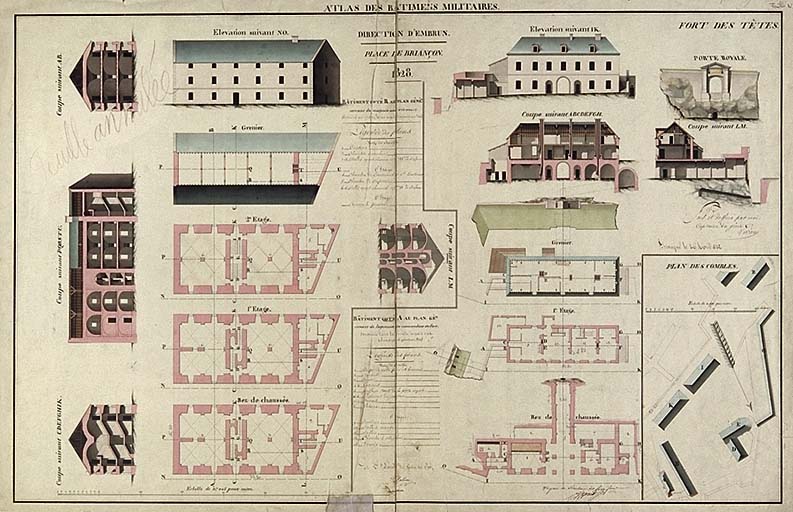 Atlas des bâtiments militaires. Fort des Têtes. [Bâtiments divers] 1828