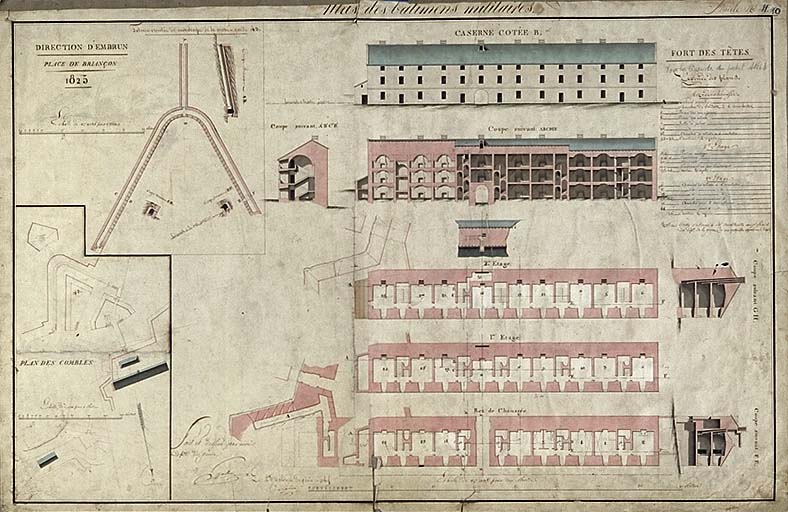 Fort des Têtes. Caserne cotée B. [Elévation, coupe, plans] 1825.