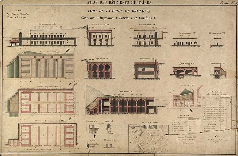 Atlas des bâtiments militaires. Fort de la Croix de Bretagne. Caserne et magasin A. Latrines et Cuisines C, 1881