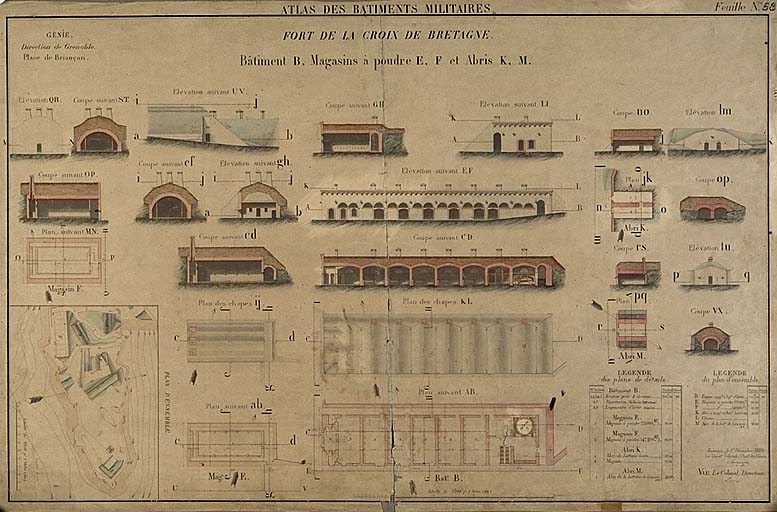 Atlas des bâtiments militaires. Fort de la Croix de Bretagne. Bâtiment B, magasin à poudre, 1880.