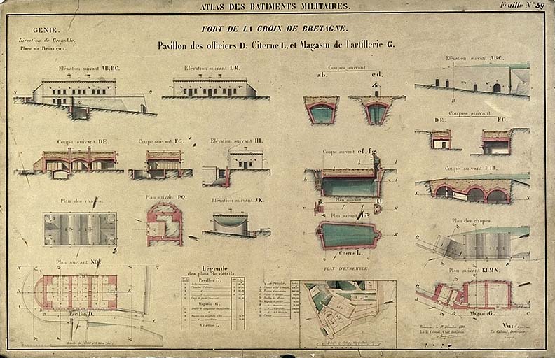 Atlas des bâtiments militaires. Fort de la Croix de Bretagne. Pavillon des officiers D, citerne L et magasin de l'artillerie G [plans, coupes, élévations], 1880