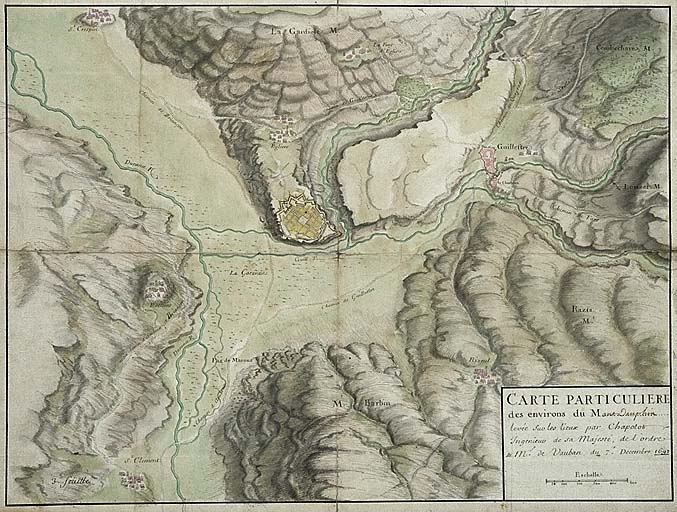 Carte particulière des environs du Mont-Dauphin levée sur les lieux par Chapotot Ingénieur de sa Majesté, de l'ordre de Mr de Vauban du 7 décembre 1693. [vers 1693]