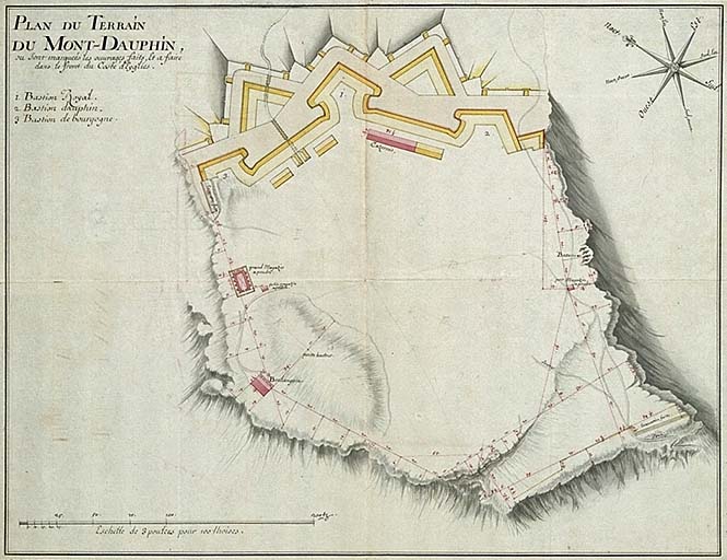 Plan du terrain du Mont-Dauphin où sont marqués les ouvrages faits et à faire dans le front du costé d'Eygliers, 1693