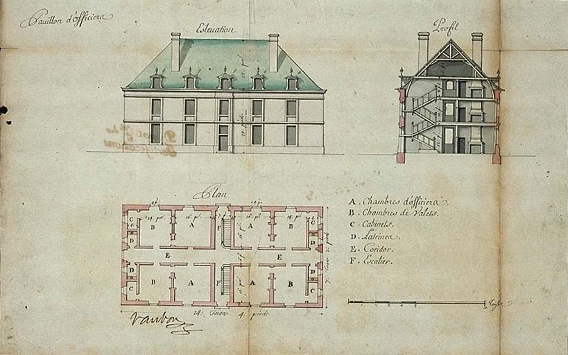 [Mont-Dauphin] Pavillon d'officier. Elévation. Profil. Plan. [1693-1707]