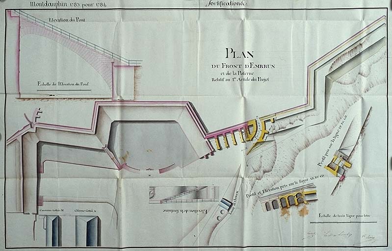 Montdauphin. 1783 pour 1784. Plan du front d'Embrun et de la poterne relatif au 1er article du projet, 1783. ; Montdauphin. 1783 pour 1784. Plan du front d'Embrun et de la poterne relatif au 1er article du projet, 1783.