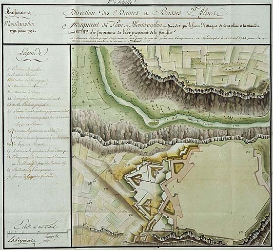 Fragment du plan de Montdauphin, où l'on a dessiné le front d'attaque de cette place (...). 1791. ; Fragment du plan de Montdauphin, où l'on a dessiné le front d'attaque de cette place (...). 1791.