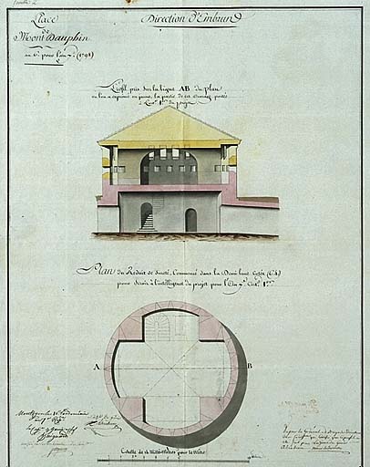 Plan et coupe du réduit de sûreté de la lunette 64, Montdauphin, 1798. ; Plan et coupe du réduit de sûreté de la lunette 64, Montdauphin, 1798.