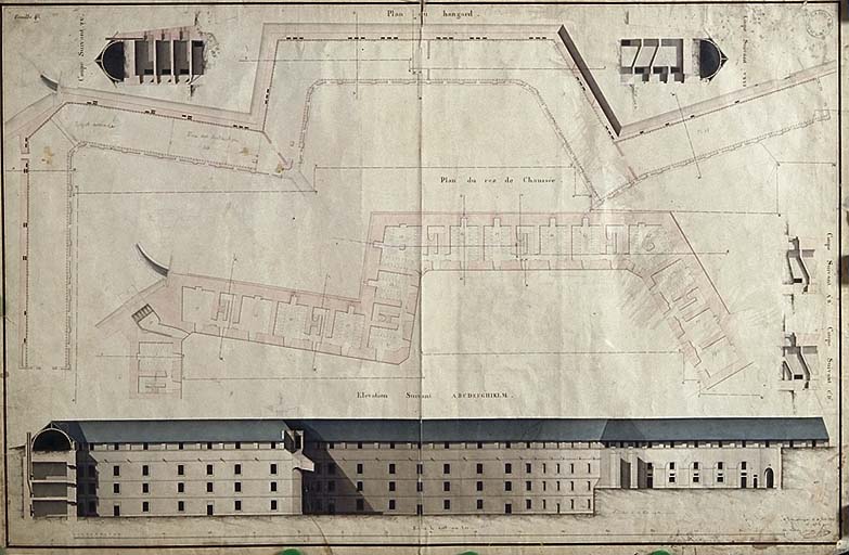 Mont-Dauphin. Casemates K [Caserne Rochambeau, plan du rez-de-chaussée, élévations] 1825.