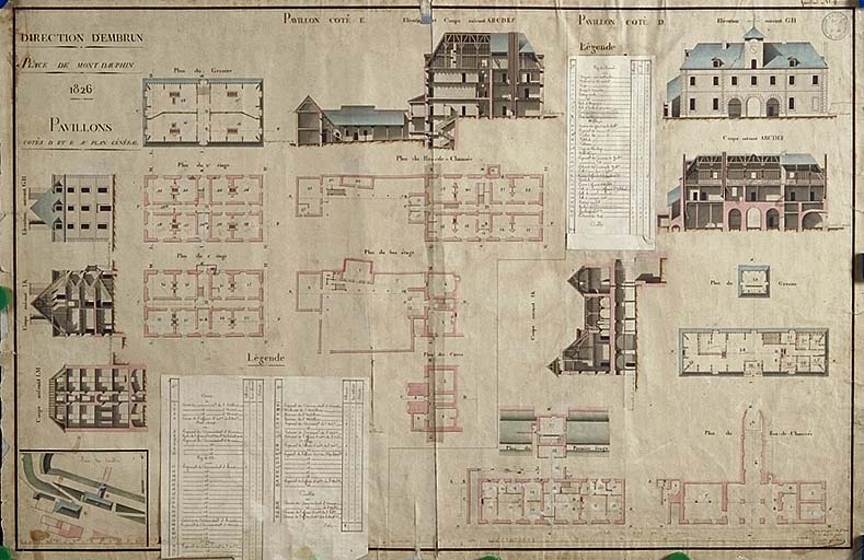 Place de Mont-Dauphin. Pavillons cotés D et E du plan général, 1826. ; Place de Mont-Dauphin. Pavillons cotés D et E du plan général, 1826.