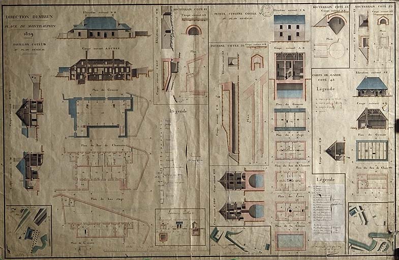 Place de Montdauphin. [Plans, coupes, élévations de divers bâtiments : pavillon, petite citerne, corps de garde, souterrains] 1829.