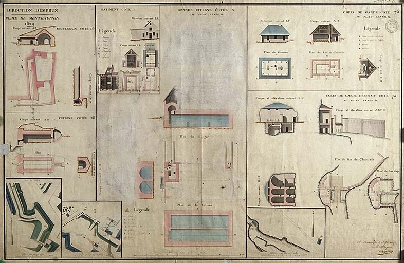 Place de Montdauphin. Souterrain coté 36 au plan général. Bâtiment coté B au plan général. Grande citerne cotée X au plan général. Corps de garde coté 75 au plan général. Poterne cotée 18 au plan général. Corps de garde défensif coté 73 au plan général, 1829.